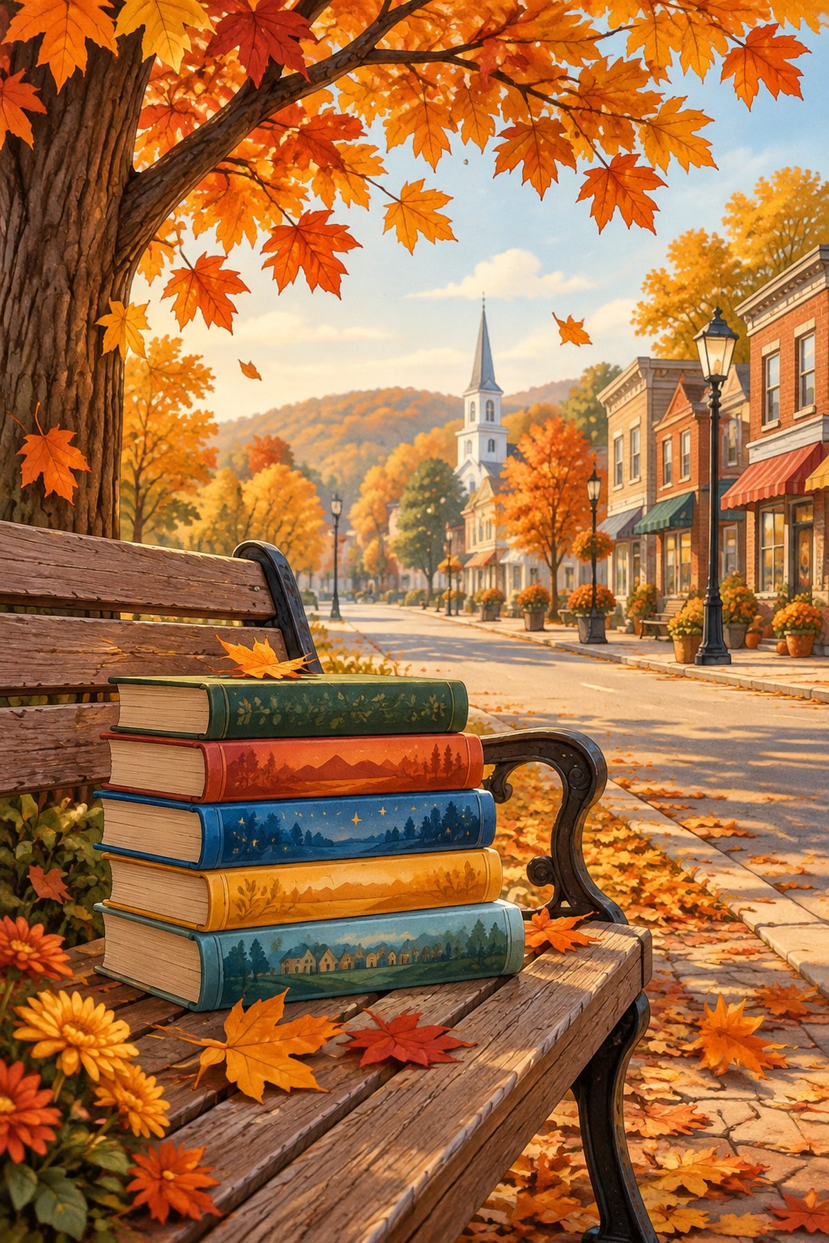 Storybook illustration of an autumn small-town street with a stack of children's books on a bench